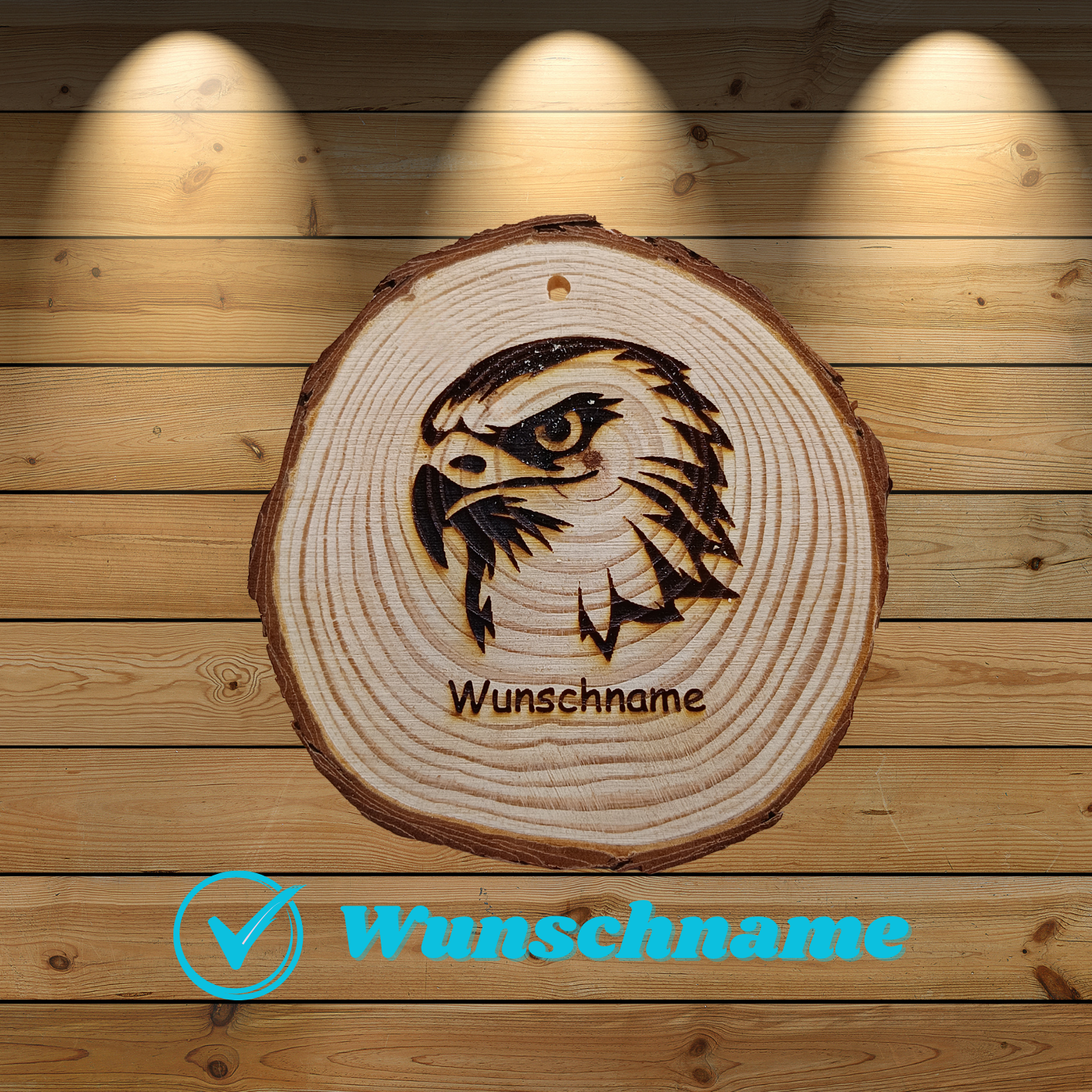 Baumscheibe mit Adlerkopf und Wunschname