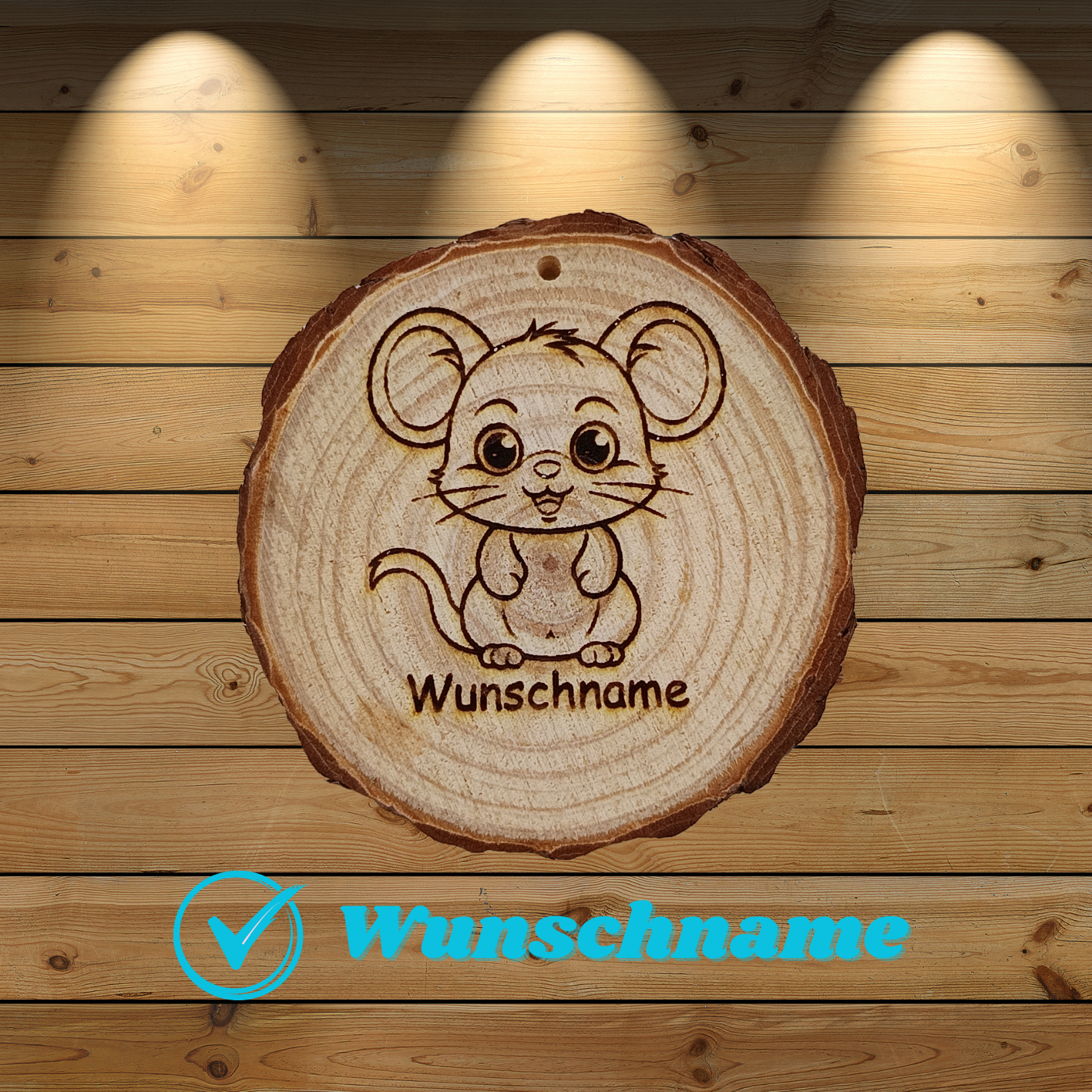 Baumscheibe mit Maus und Wunschname
