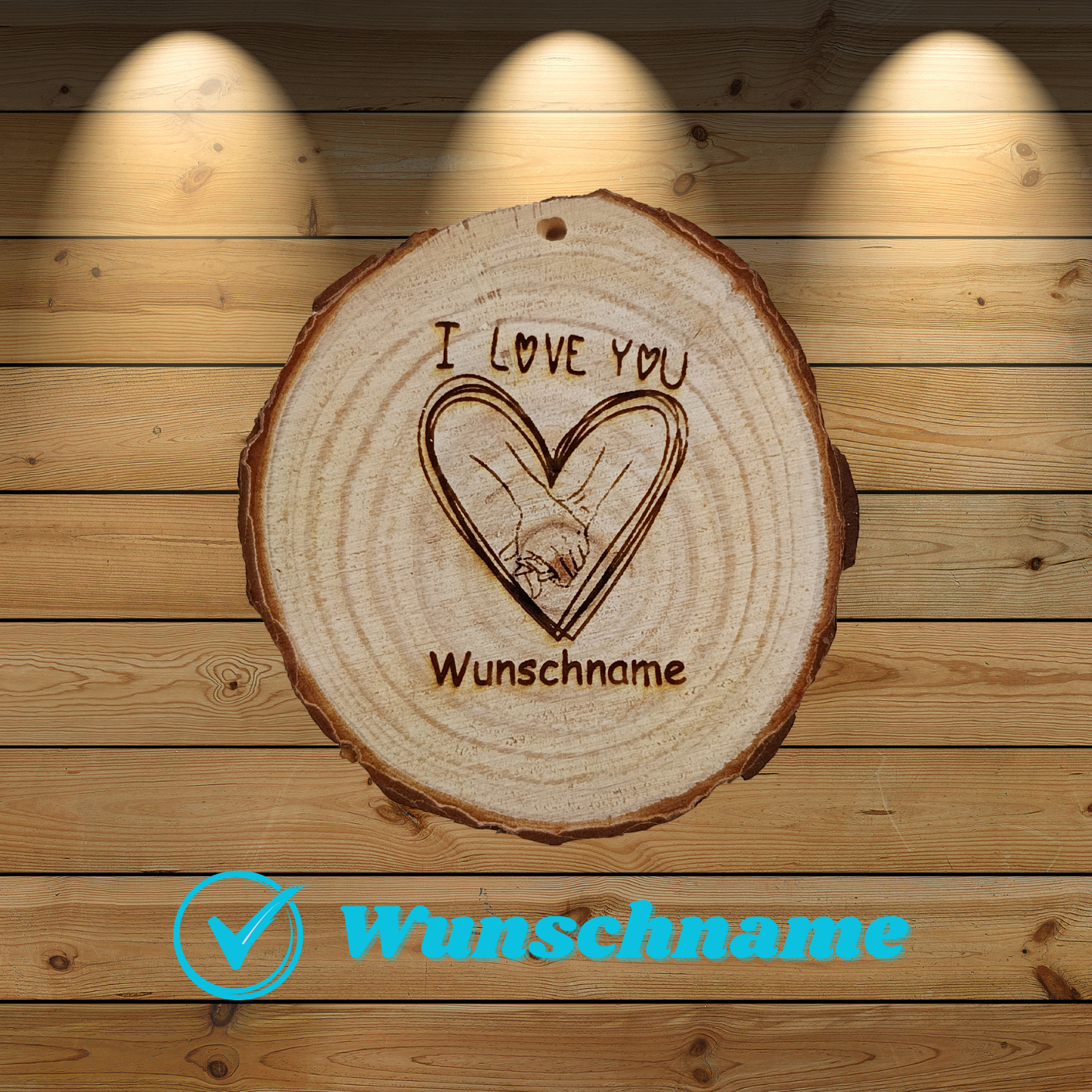 Baumscheibe mit I-Love-You Herz und Wunschname