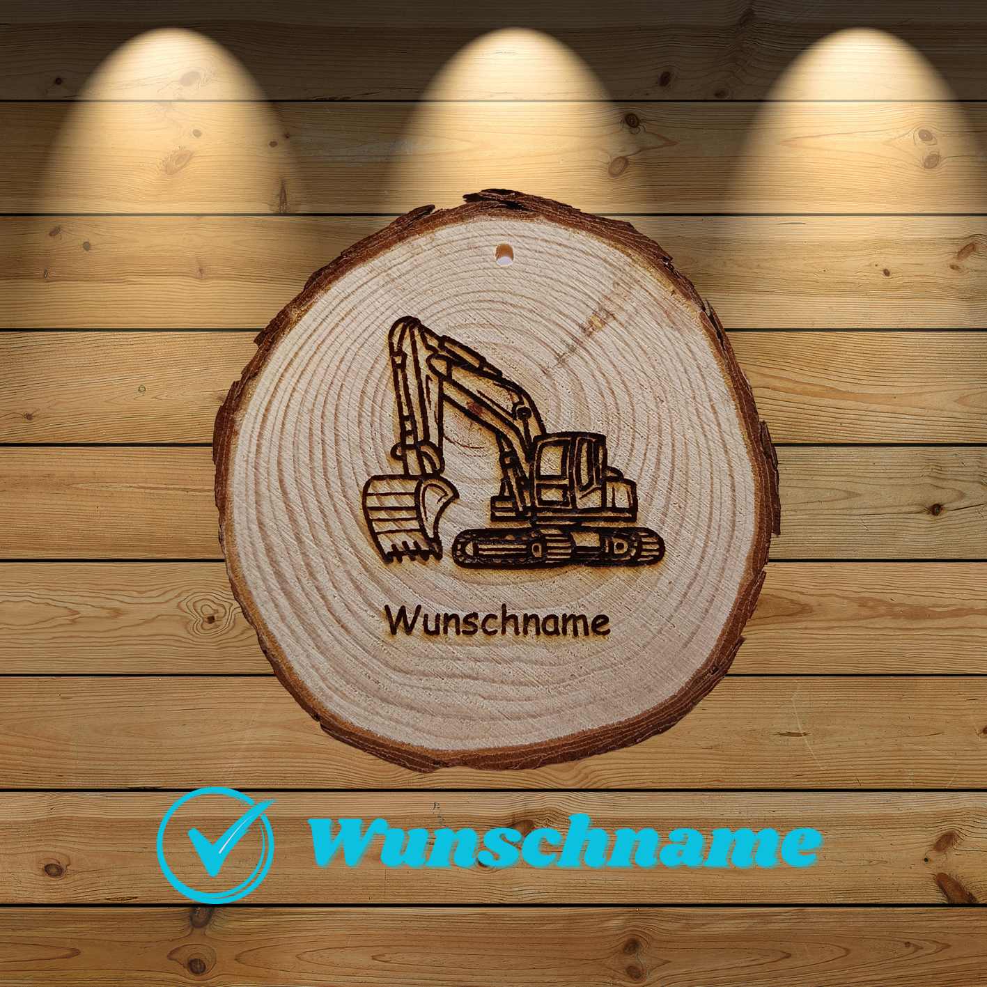 Baumscheibe mit Bagger und Wunschname