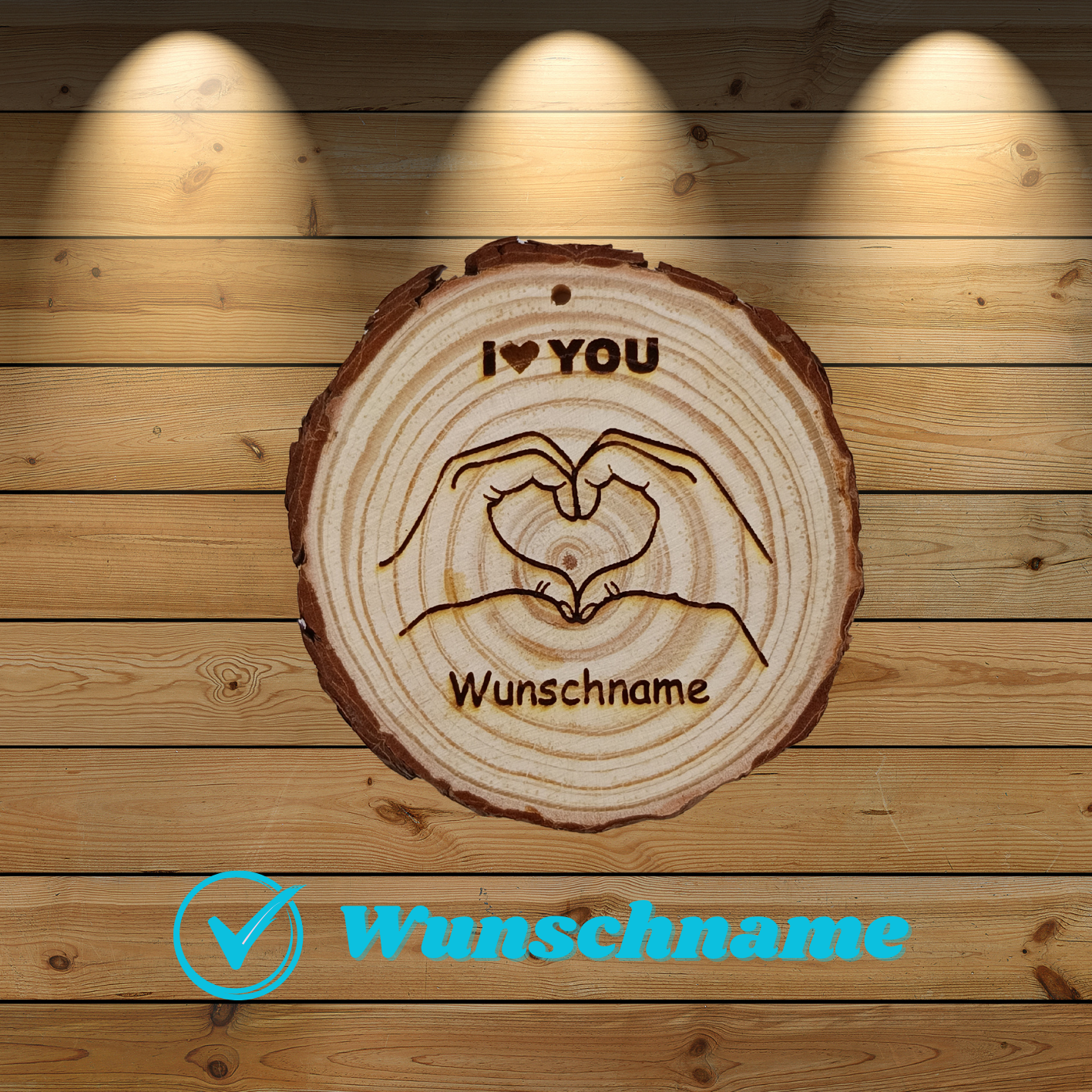 Baumscheibe mit I-Love-You Hände und Wunschname