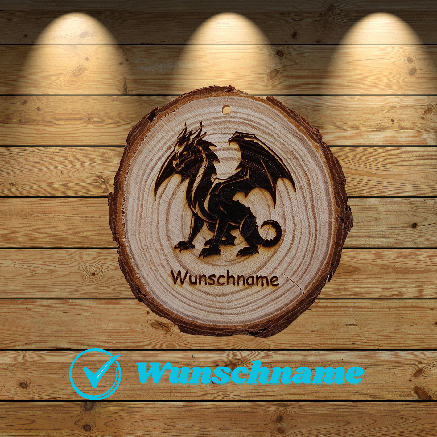 Baumscheibe mit Drache und Wunschname