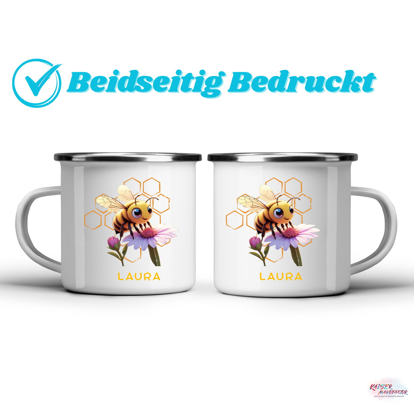 Emaille-Tasse mit Biene und Wunschname