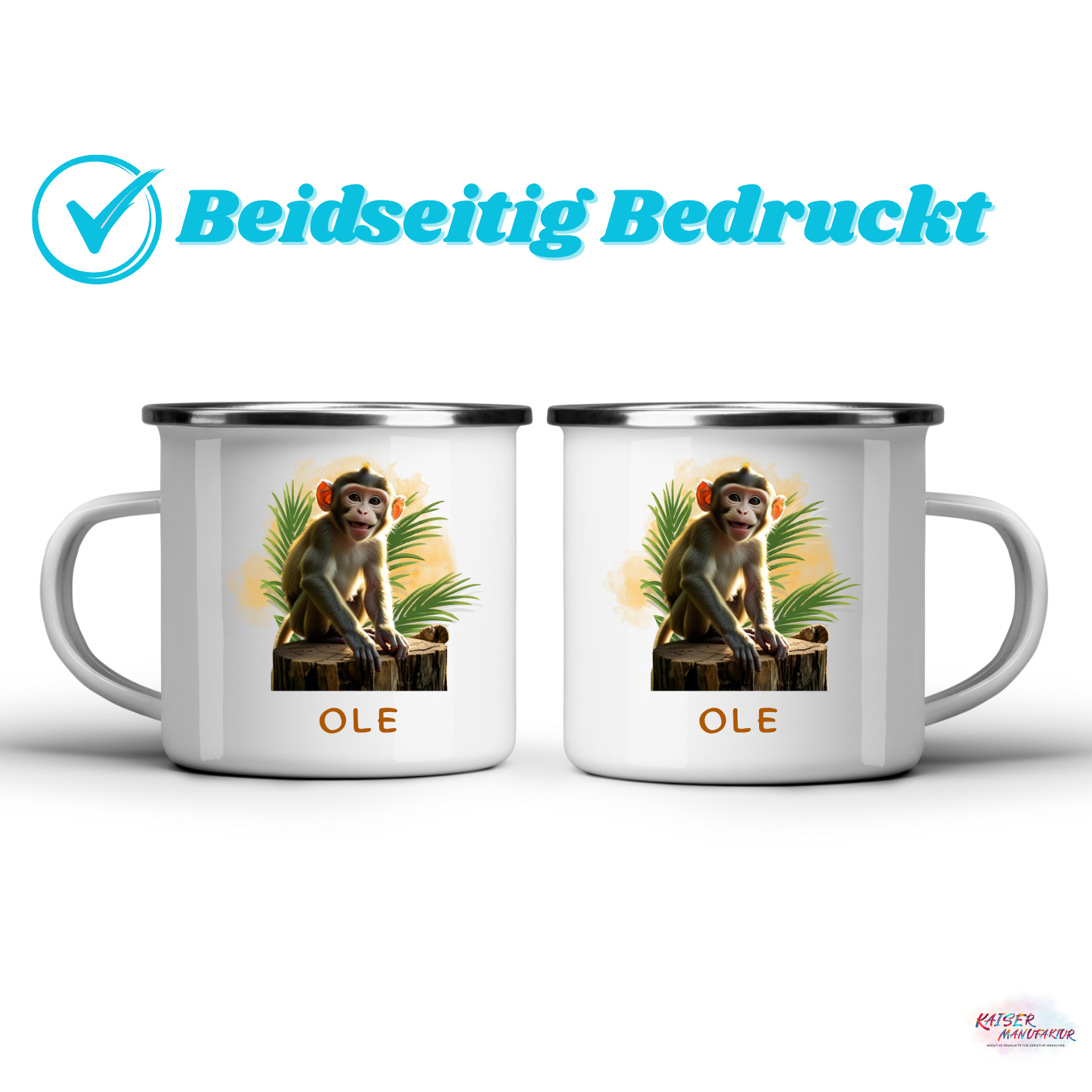 Emaille-Tasse mit Äffchen und Wunschname
