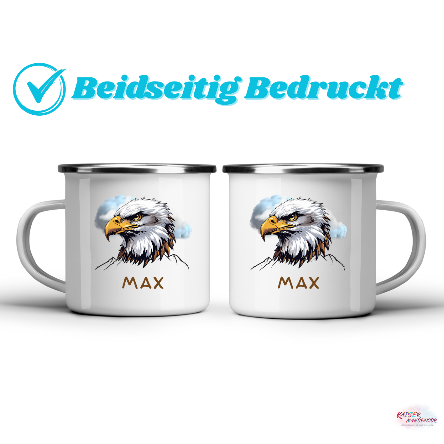 Emaille-Tasse mit Adlerkopf und Wunschname