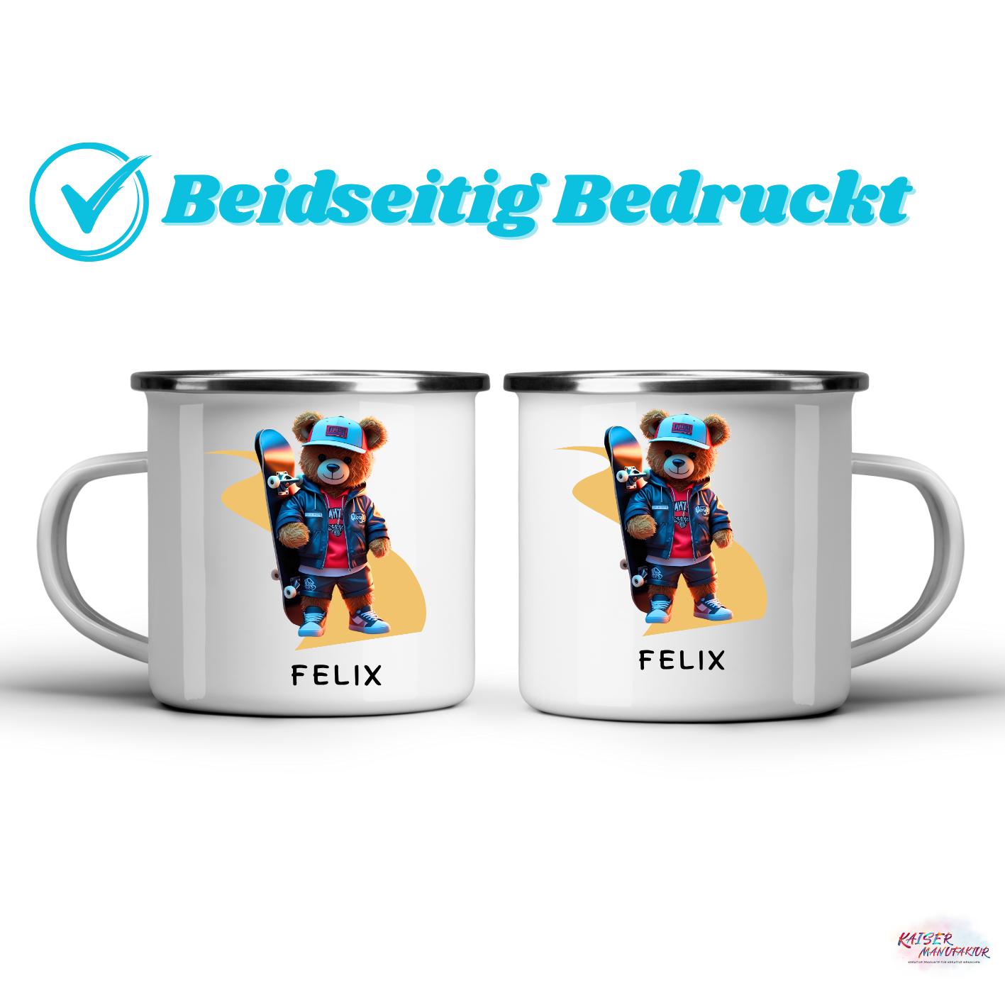 Emaille-Tasse mit Teddybär und Wunschname
