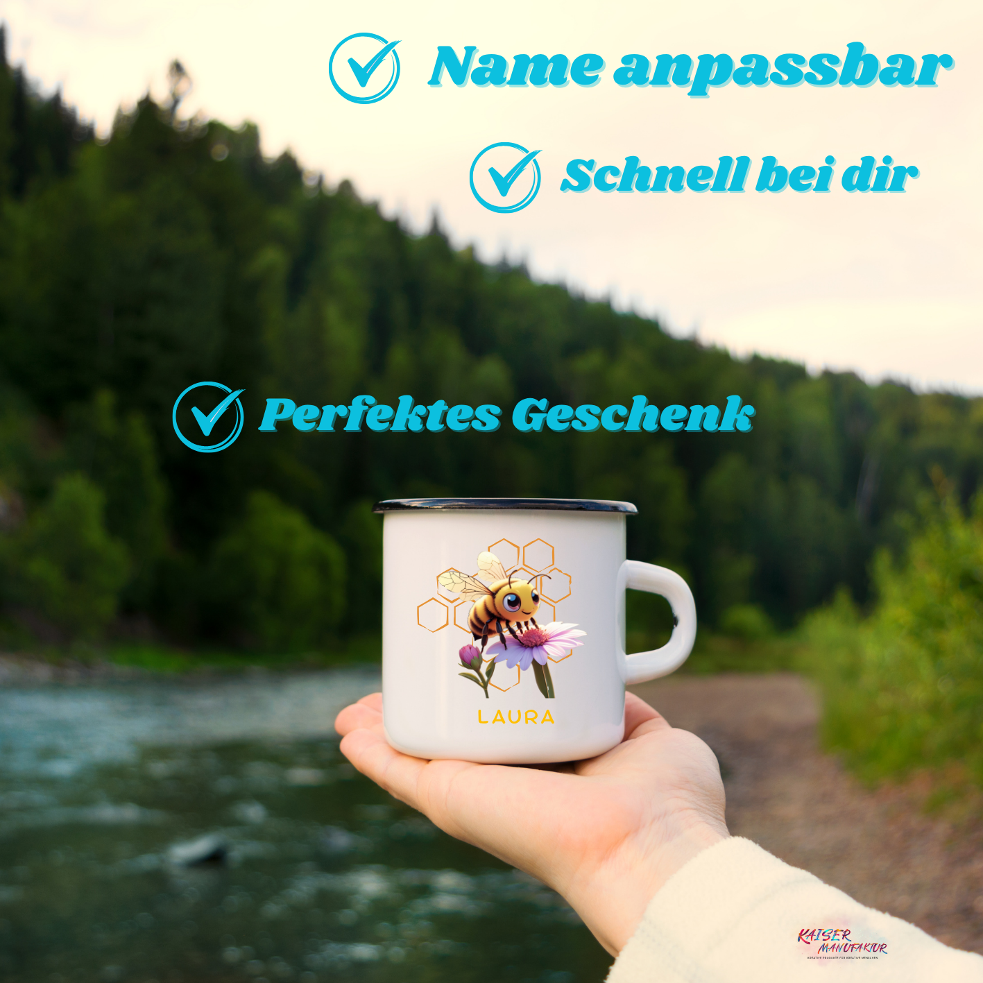 Emaille-Tasse mit Biene und Wunschname