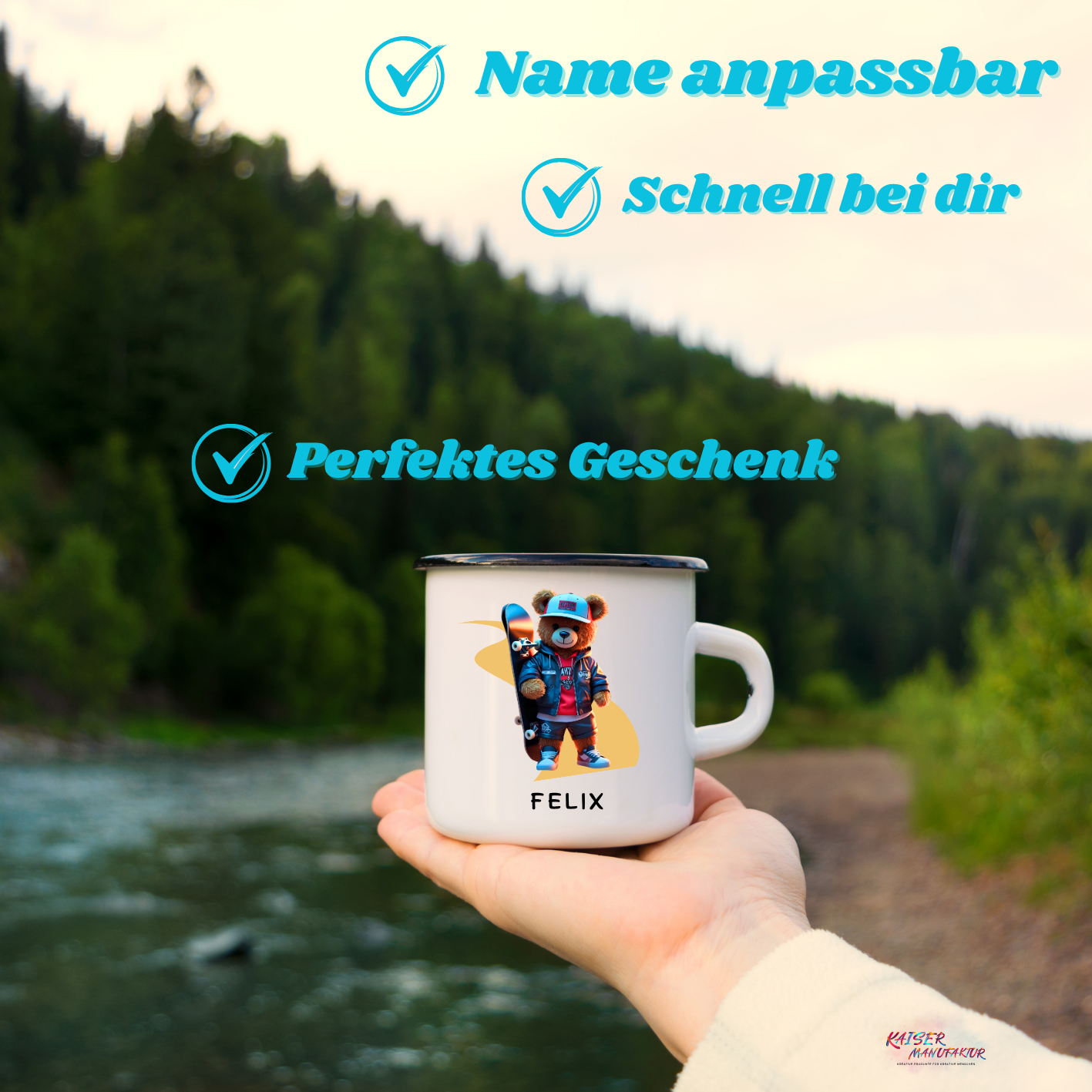 Emaille-Tasse mit Teddybär und Wunschname