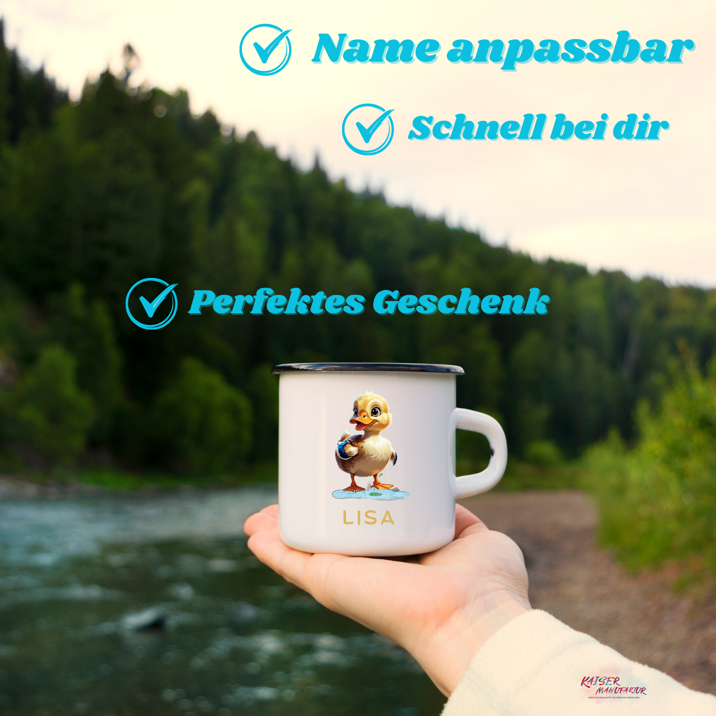 Emaille-Tasse Ente mit Wunschname