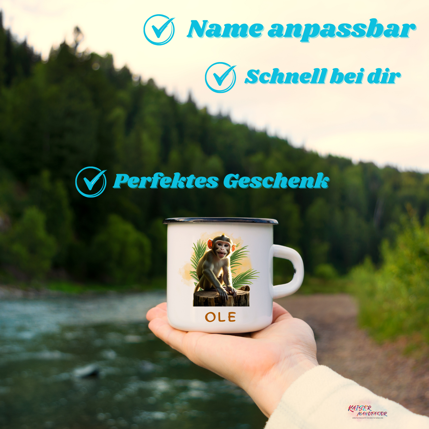 Emaille-Tasse mit Äffchen und Wunschname
