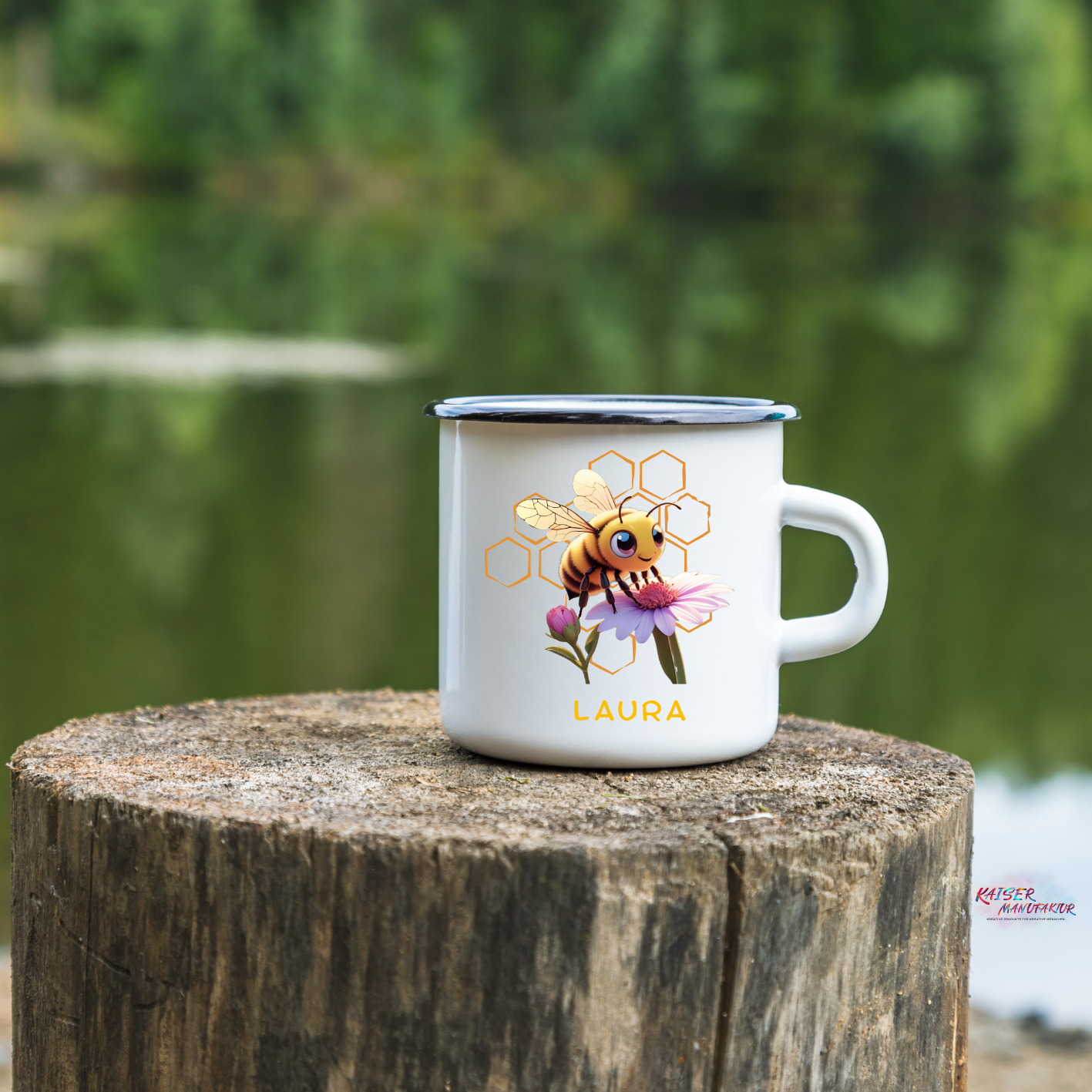 Emaille-Tasse mit Biene und Wunschname