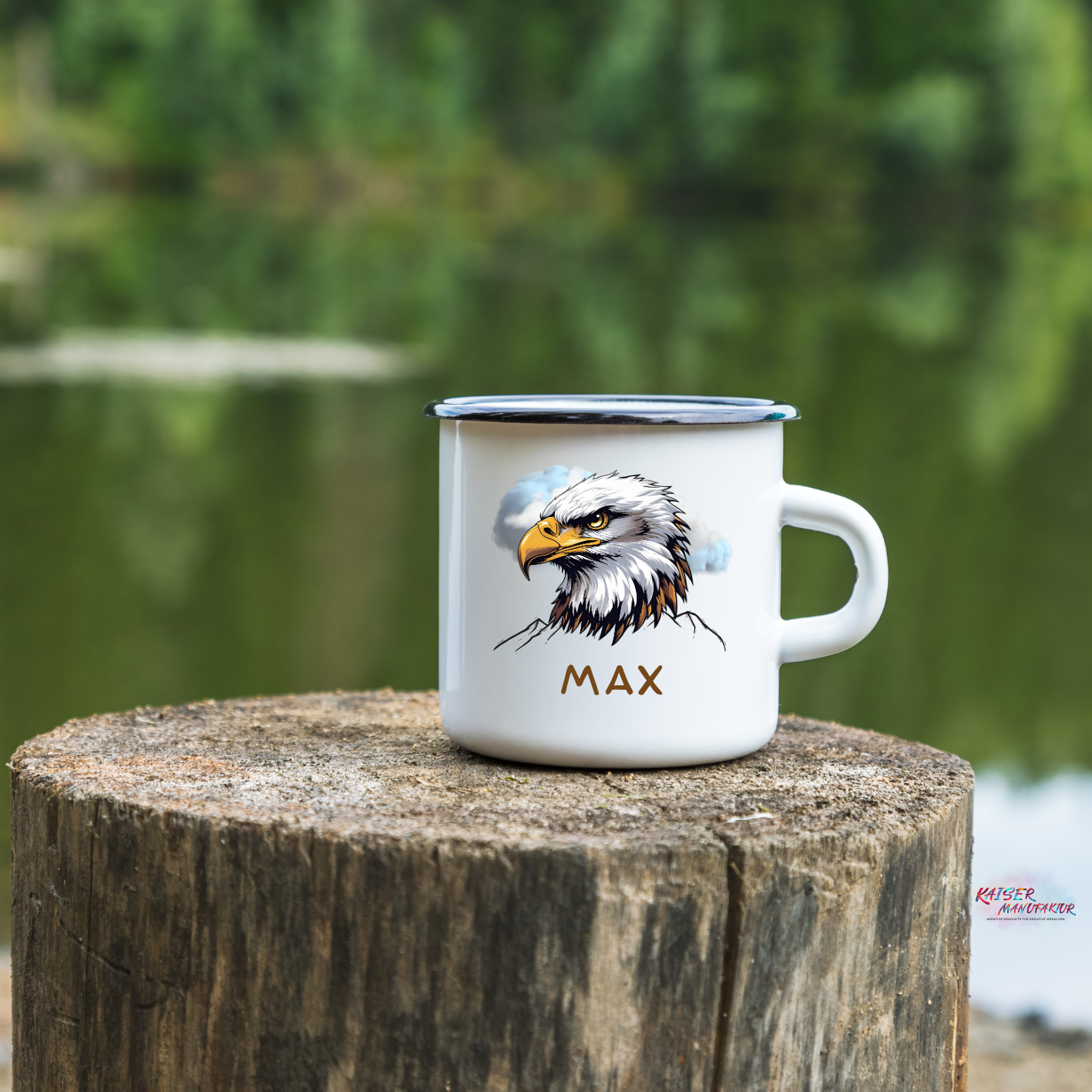 Emaille-Tasse mit Adlerkopf und Wunschname