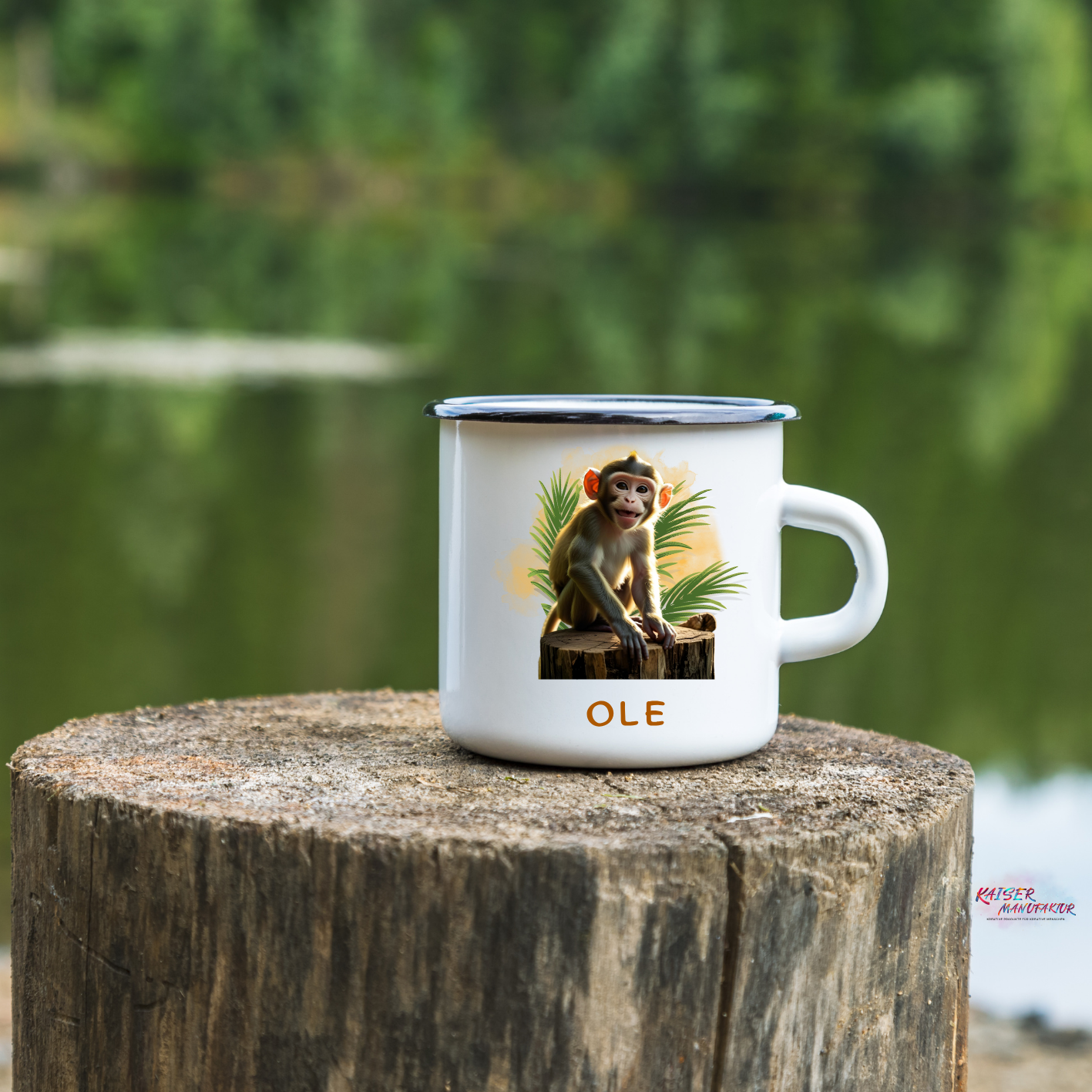 Emaille-Tasse mit Äffchen und Wunschname