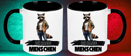 Keramik Tasse mit Motiv Waschbär und Spruch ich Hasse Menschen