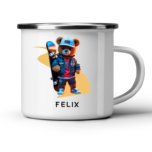 Emaille-Tasse mit Teddybär und Wunschname