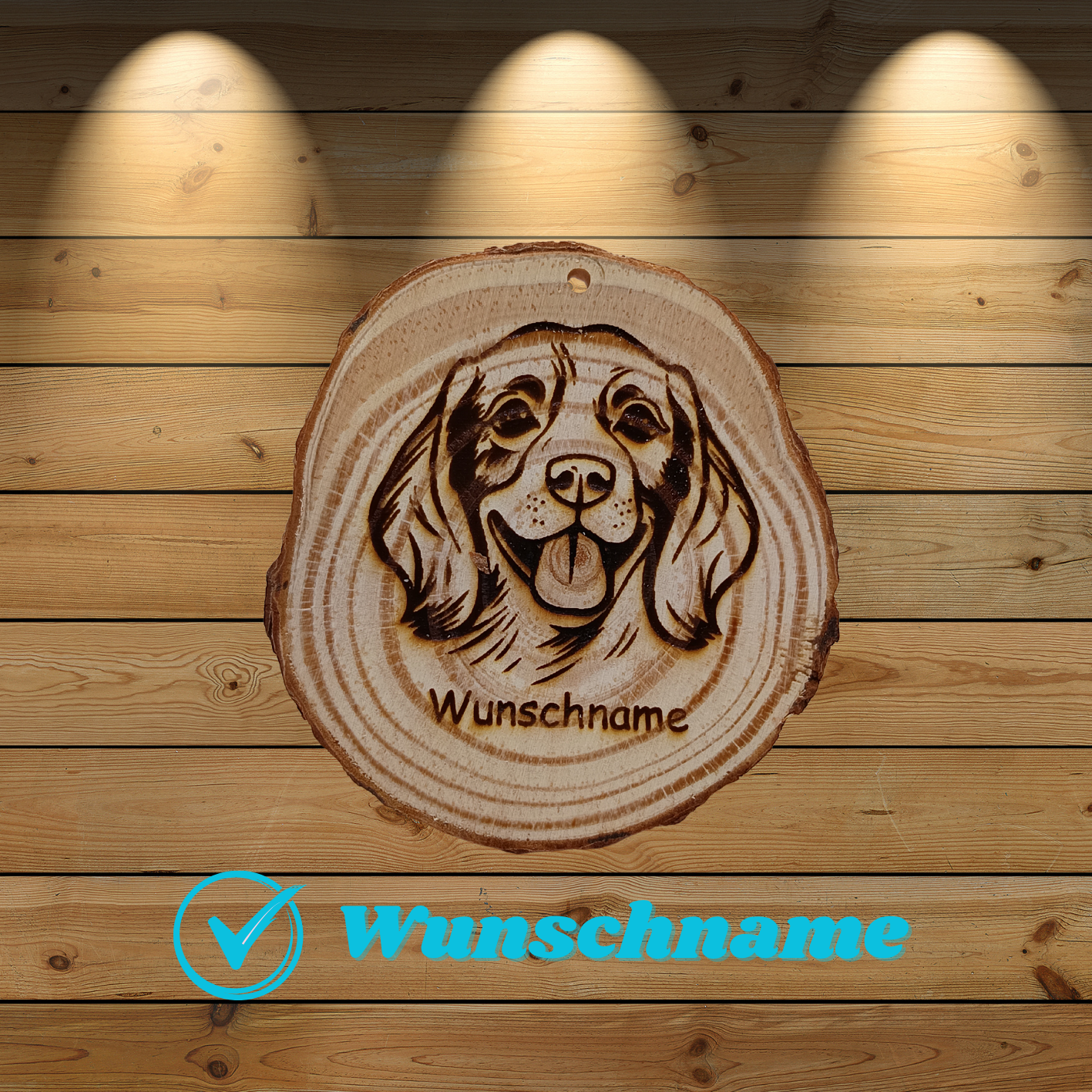 Baumscheibe mit Hund und Wunschname