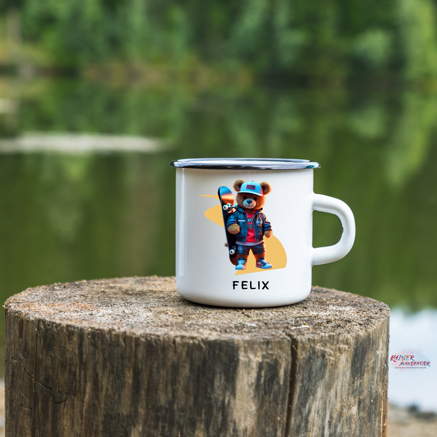 Emaille-Tasse mit Teddybär und Wunschname
